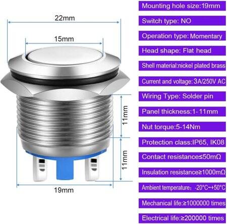 Flat Head 19mm 110-220V Waterproof Self-Locking Metal Push Button Switch With Red Led Light And Switch Socket Button Connector - 3